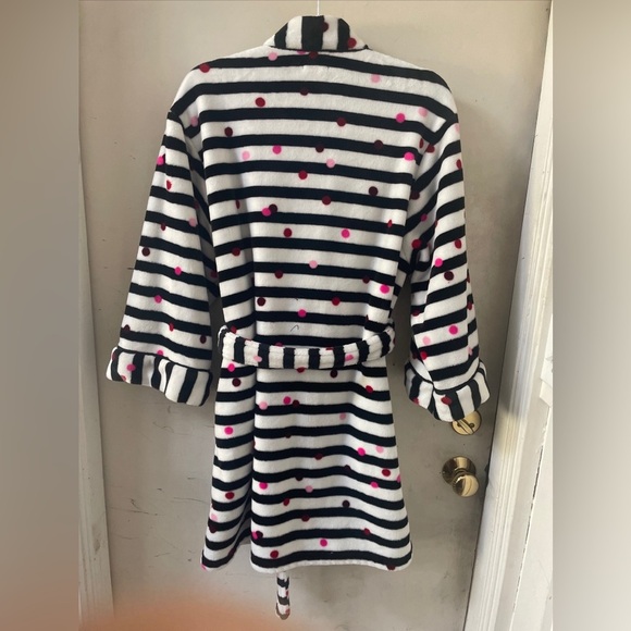Kate Spade NY Long Sleeve Chenille PlushRobe Confetti Stripe Black White Pink - Picture 7 of 8